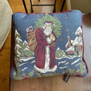 Portofino Christmas Pillow Santa & Christmas Scene On Tapestry Solid Red Back